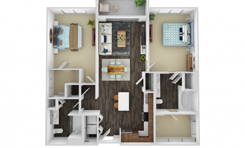 B2 - 2 bedroom floorplan layout with 2 bathrooms and 1119 square feet