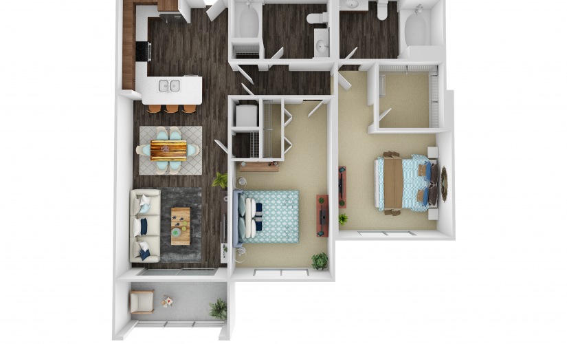 B1 - 2 bedroom floorplan layout with 2 bathrooms and 1043 square feet