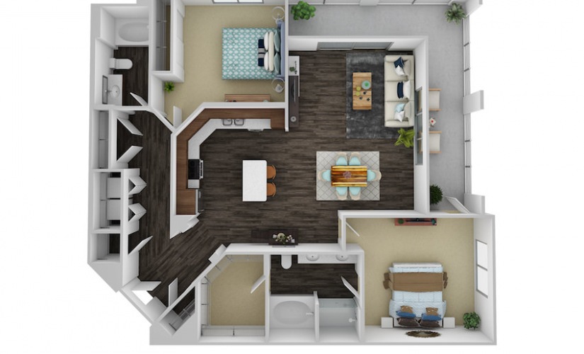 B6 - 2 bedroom floorplan layout with 2 bathrooms and 1310 square feet