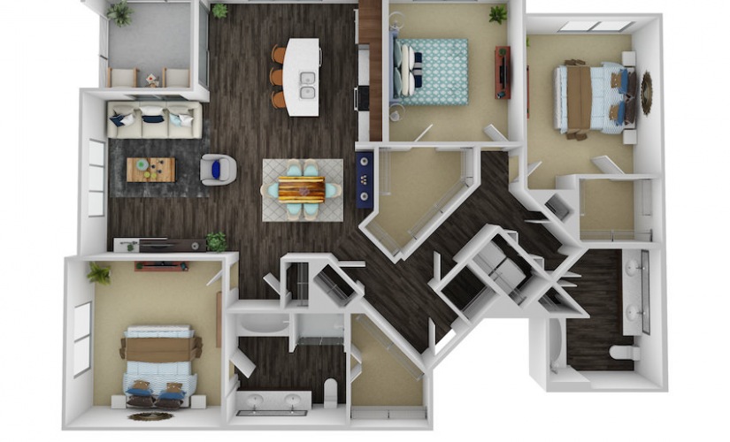 C3 - 3 bedroom floorplan layout with 2 bathrooms and 1570 square feet
